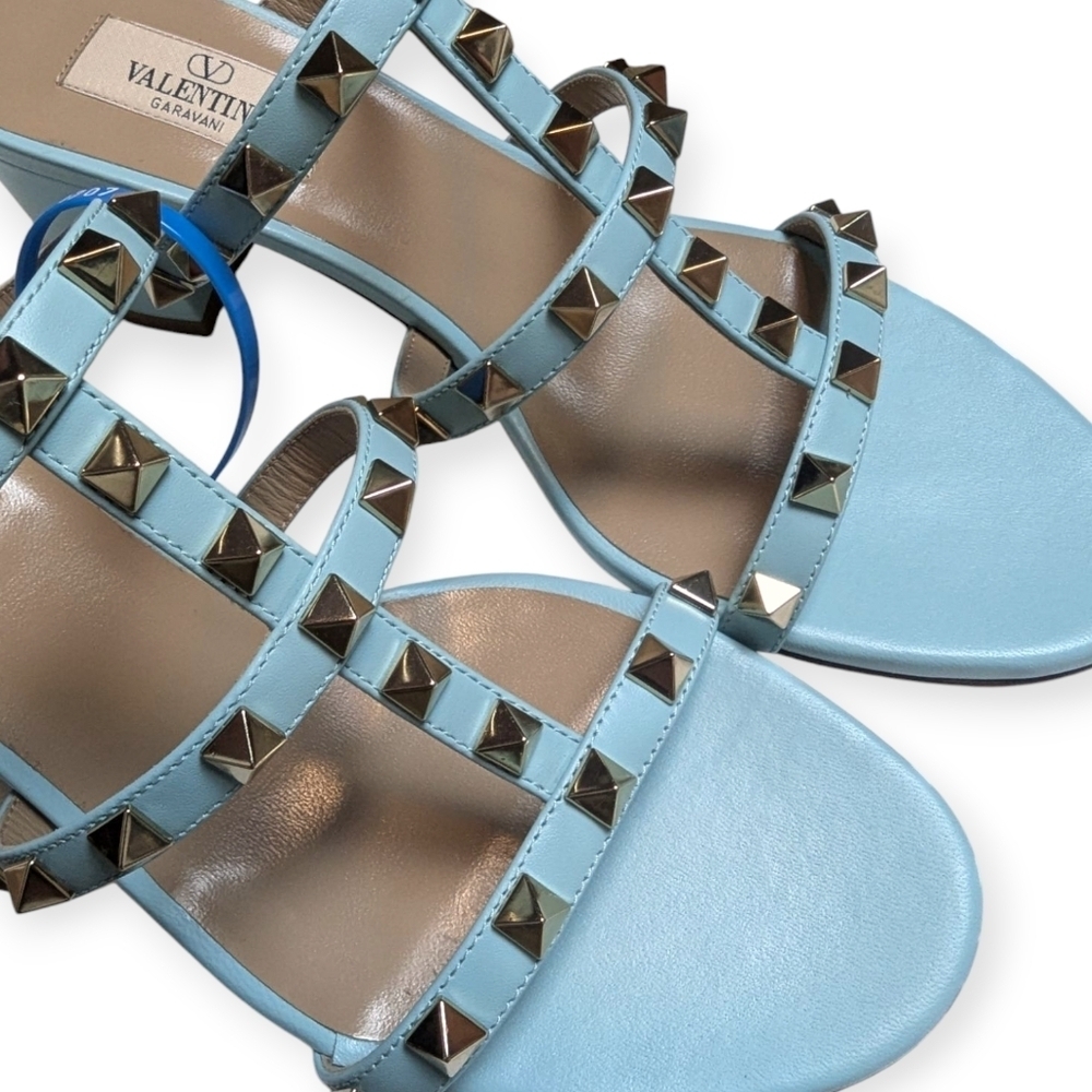 Valentino Garavani Rockstud 60 Caged Block-Heel Slide Sandals Size 7 Acquamarina - Picture 11 of 13